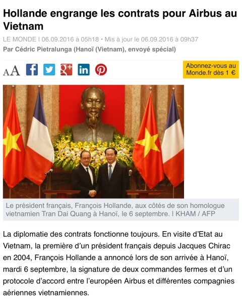 Báo chí Pháp đưa tin đậm nét về chuyến thăm của Tổng thống F. Hollande tới Việt Nam - ảnh 1